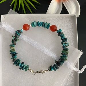 Turquoise Chip Stone, Carnelian and Sterling Silver Beads Bracelet